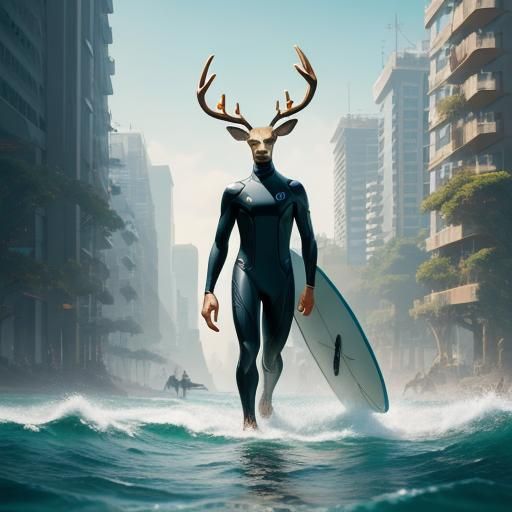 Giant Anthro Deer Surfer in the City