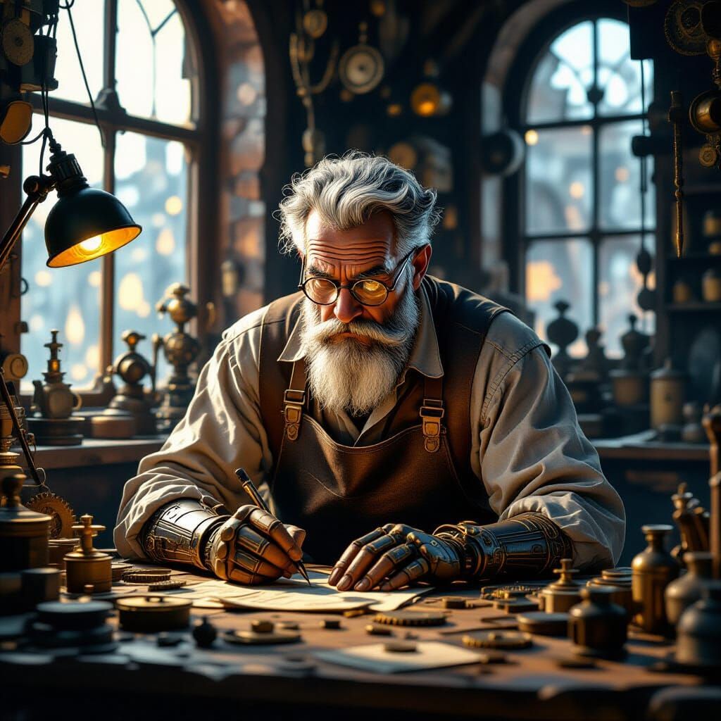Clockwork Artisan at Workbench in Fantasy Style