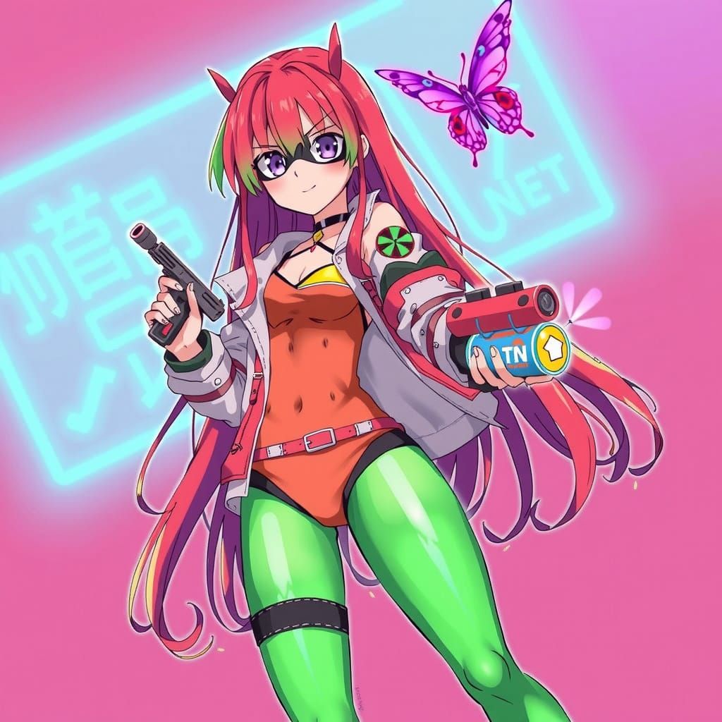Anime Girl Ensnared by Majestic Purple Butterfly in Cyberpun...