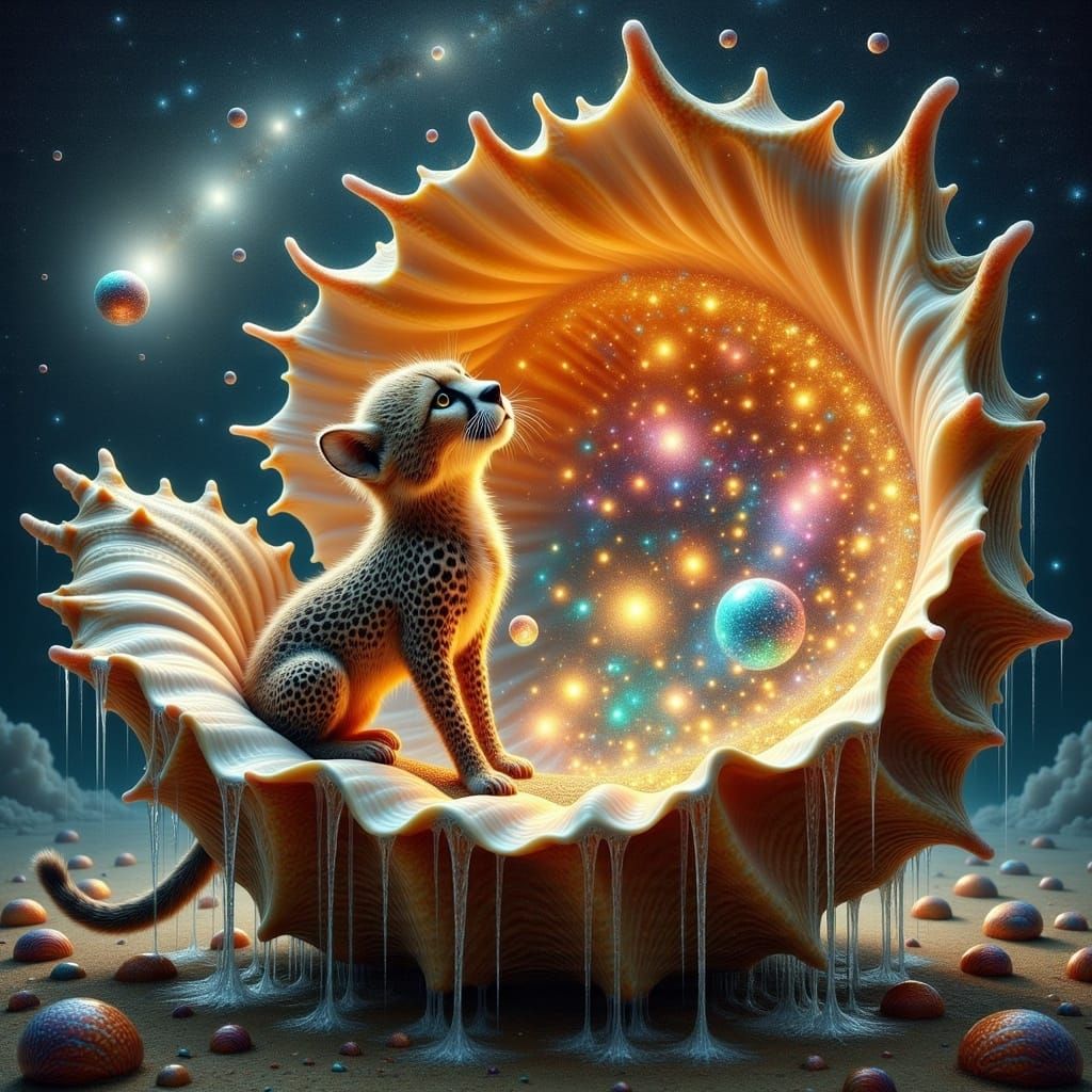 Cheetah Seeks Cosmic Wisdom in Iridescent Seashell