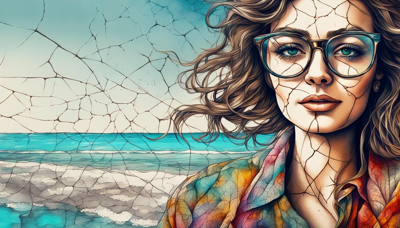 Stylish Lady on Beach with Glasses, Detailed Drawing