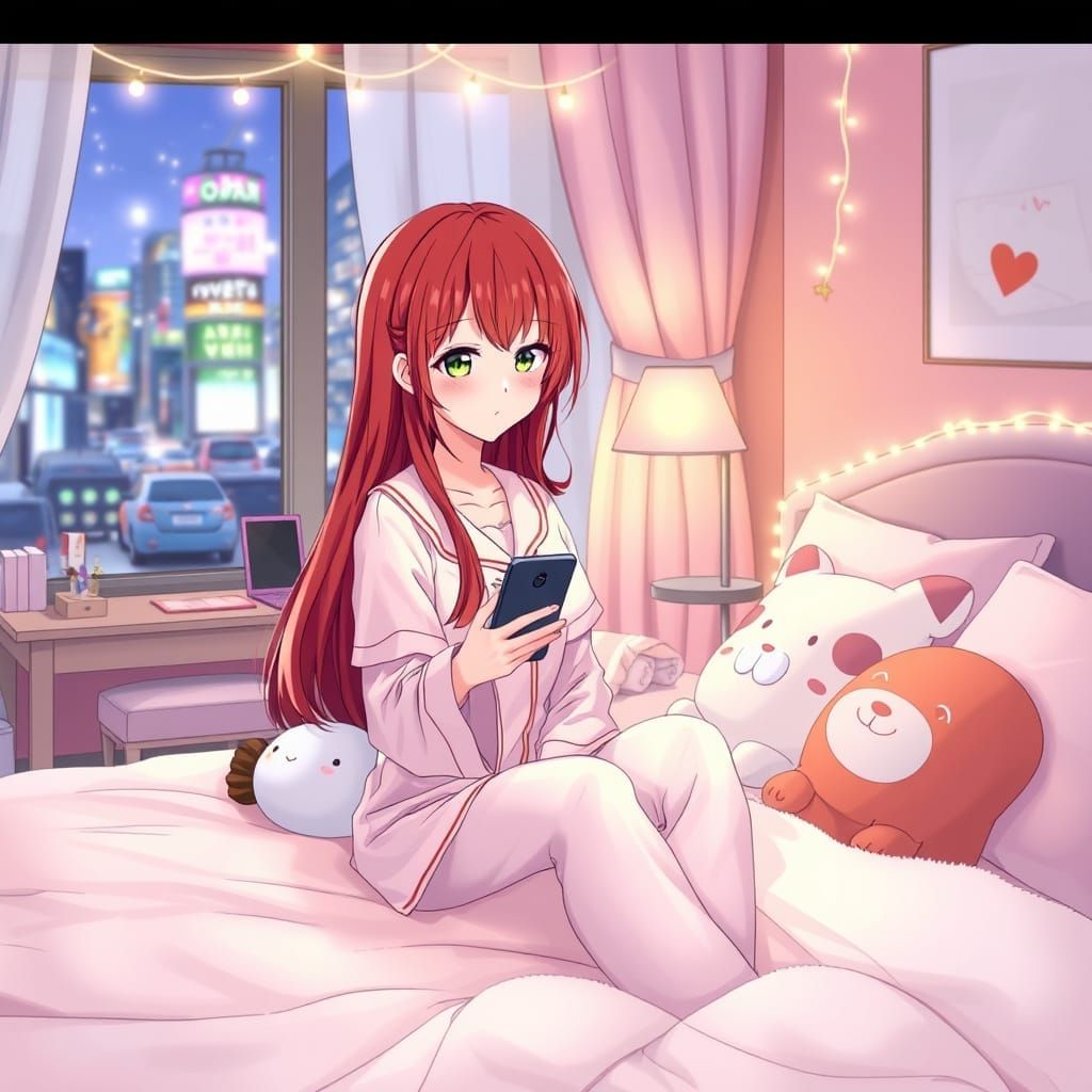 Japanese Woman in Bed in Manga Style