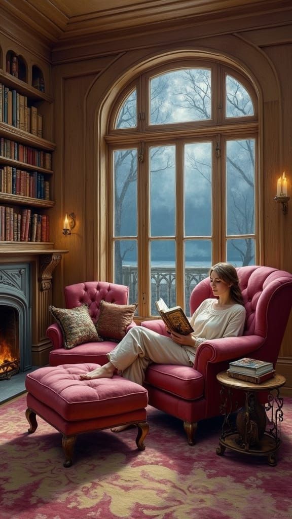 Cozy Room with Burgundy Chair: Acrylic Painting