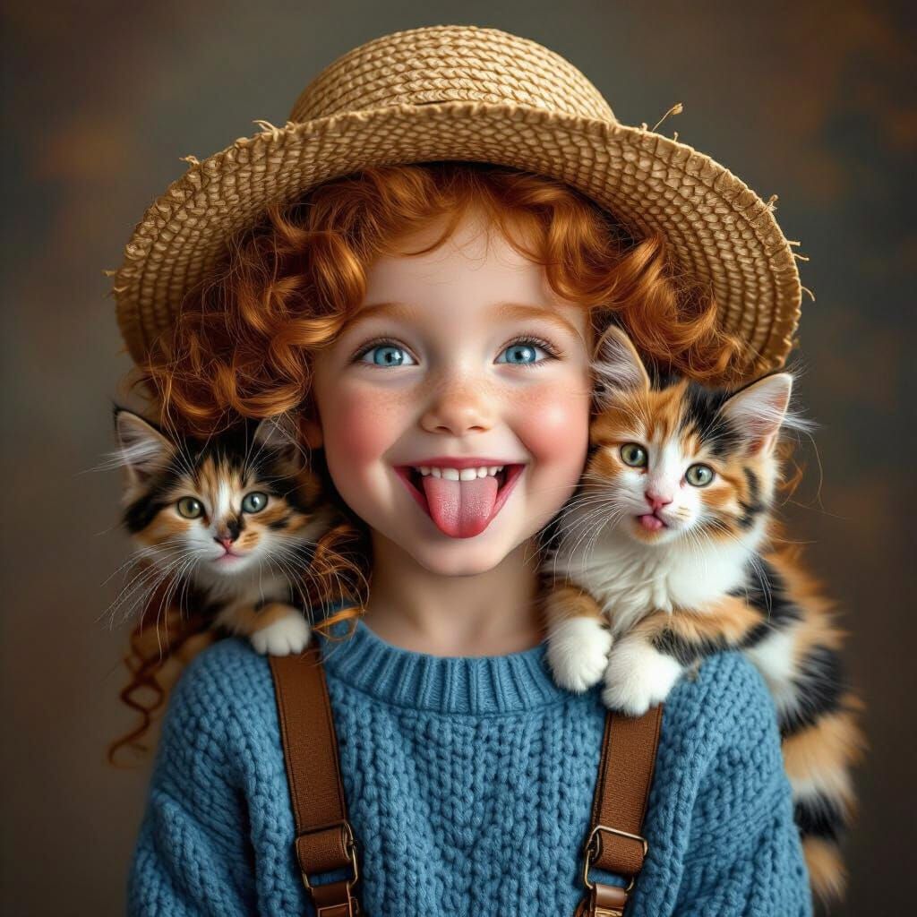 Girl and Kitten Sticking Tongues Out in Hyper-Realistic Styl...
