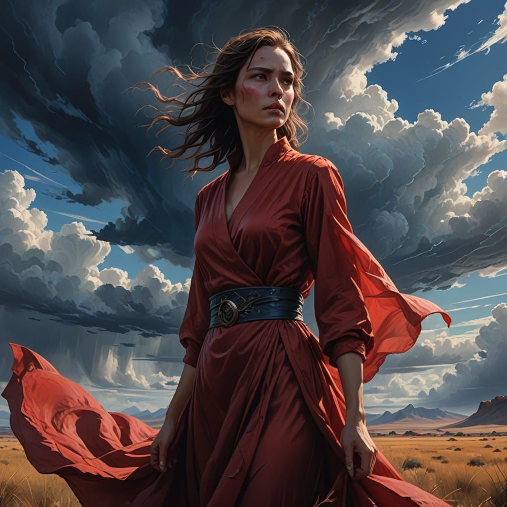 Woman in Red Dress in Vast Landscape, Digital Painting