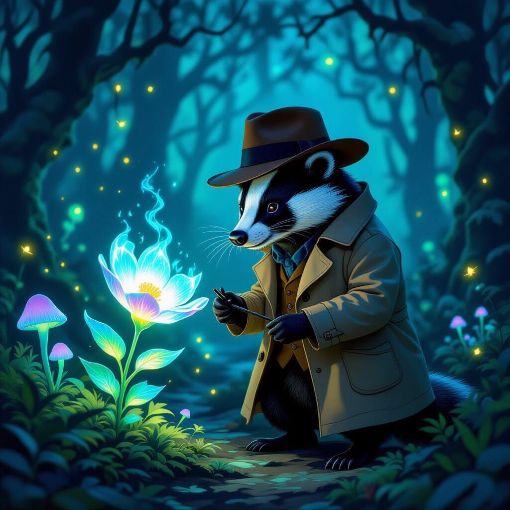 Badger Detective Investigates Ethereal Flower in Bioluminesc...