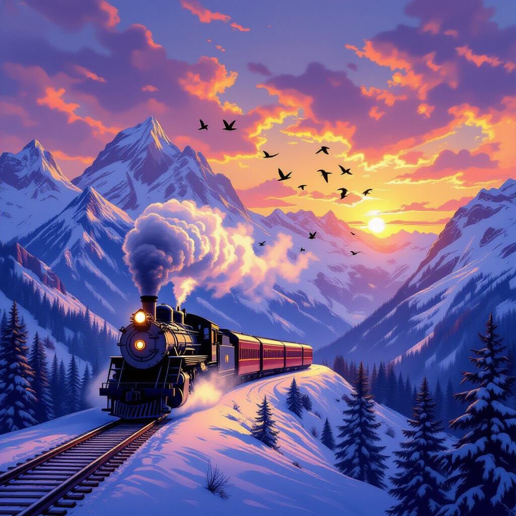 Epic Steam Train Sunrise Over Snowy Mountains