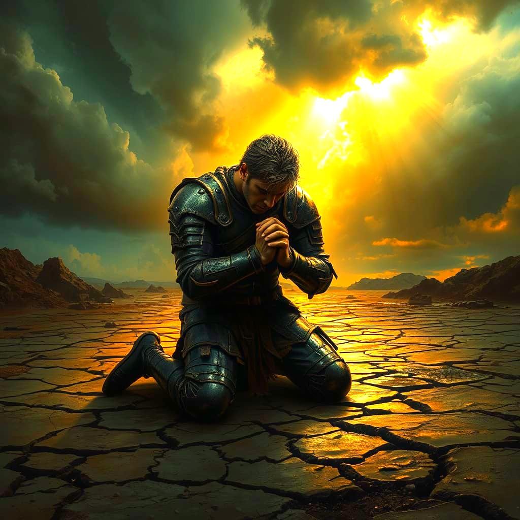 Hero in Despair Under Golden Light: Comic Book Panel