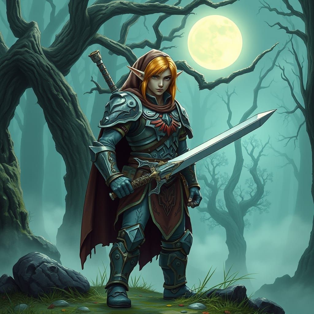 Heroic Legend of Zelda Warrior in Mystical Moonlit Forest
