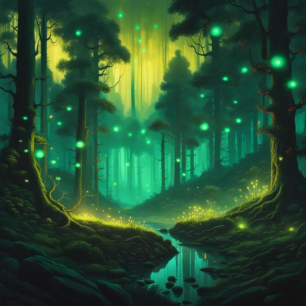Eldritch Forest Landscape with Glowing Fireflies