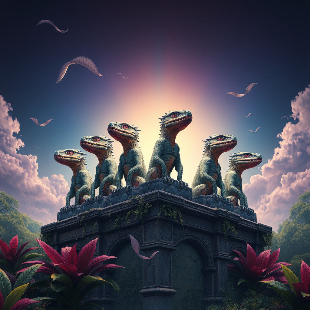 Mystical Reptilian Statues on Ruined Pedestal