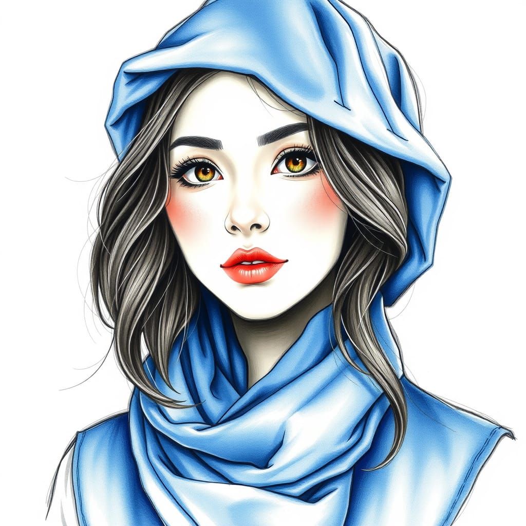 Confident Young Woman in Soft Blue Attire, Captured in Expre...