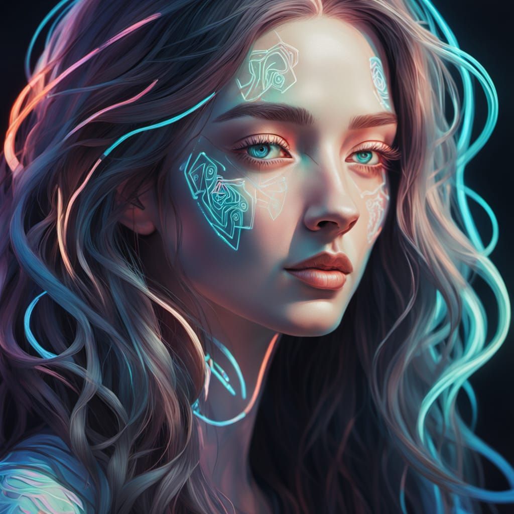 Neon Glyph Woman: A Hyperrealistic Digital Portrait