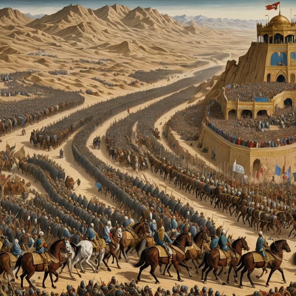 Grand Persian Army Marches Through Desert Landscape