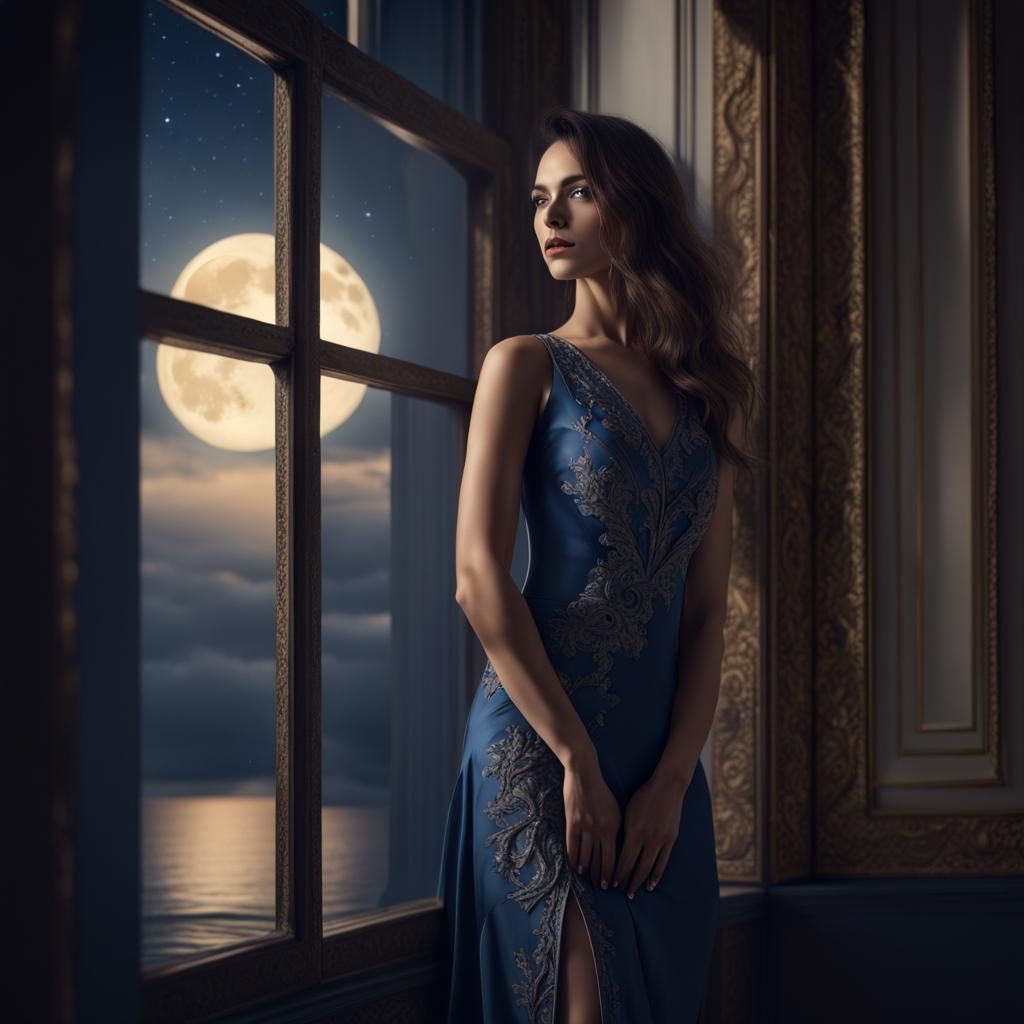 Brunette in Silk Dress by Moonlit Window