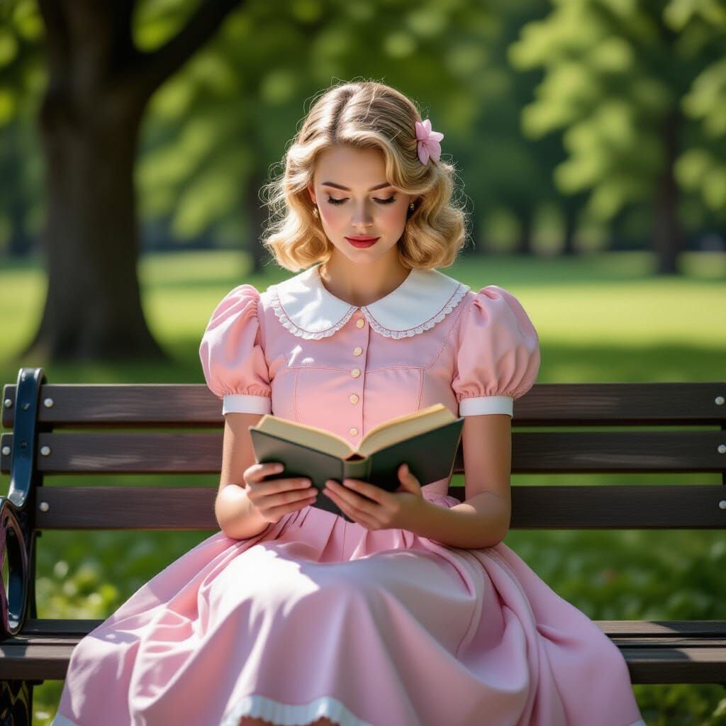 Young Woman in Vintage Dress Reading in Park
