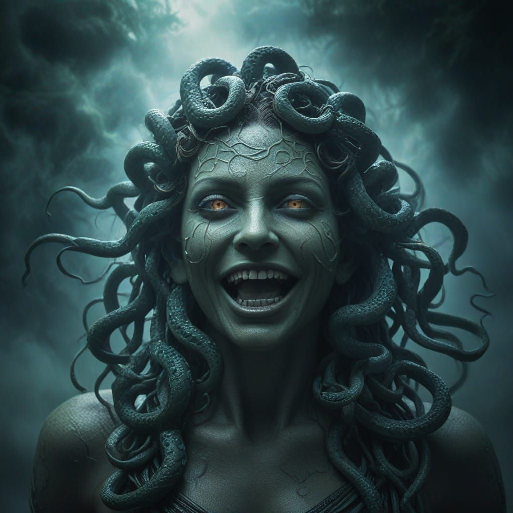 Surreal Medusa with Glowing Eyes in Mist