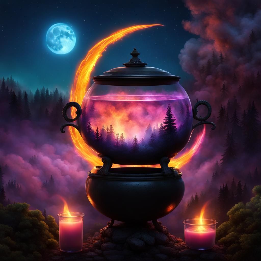 Mystical Night Sky with Cauldron in Digital Painting