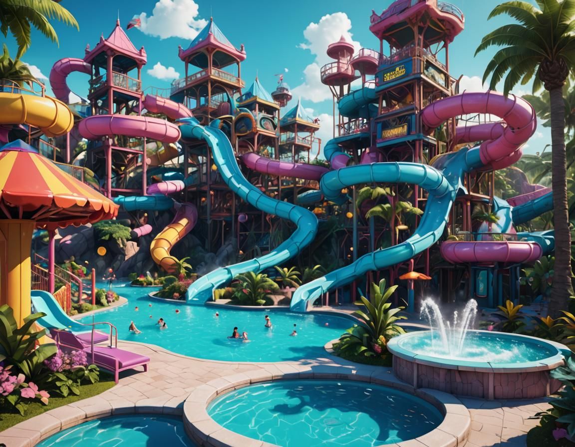 Luxury Hyperpop Resort Waterpark: Detailed Matte Painting