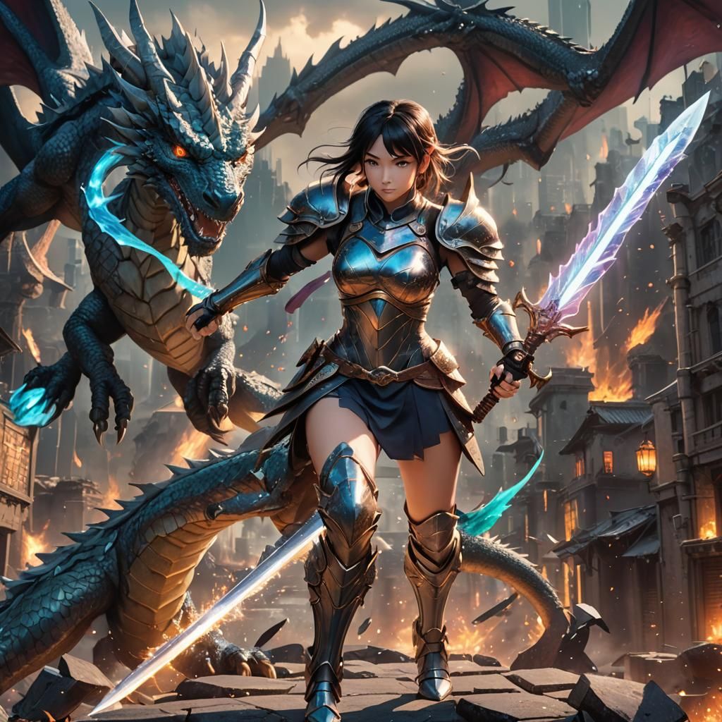 Anime Girl Strikes Down Dragon in Ruined City