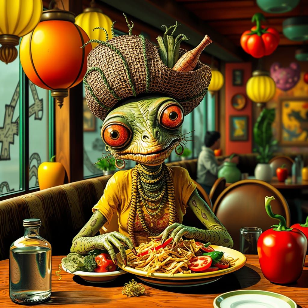 Locust Lady Sips Veggie Smoothie in Quirky Café