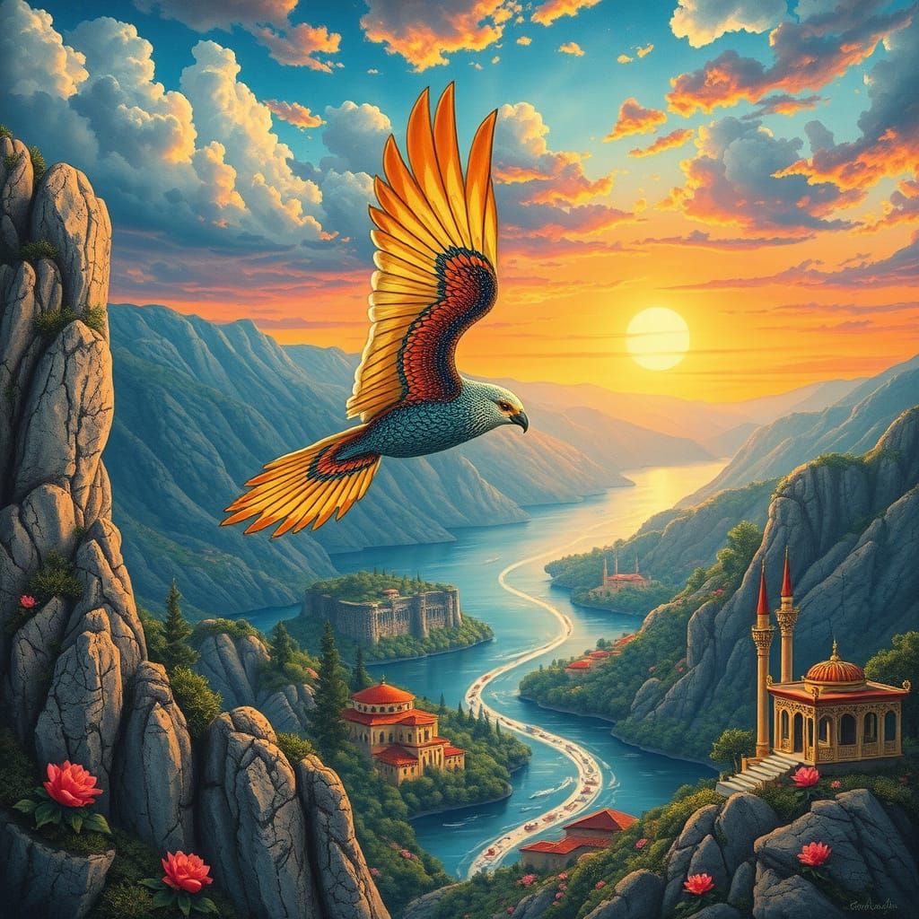 Majestic Anka Kuşu in Turkish Miniaturist Style