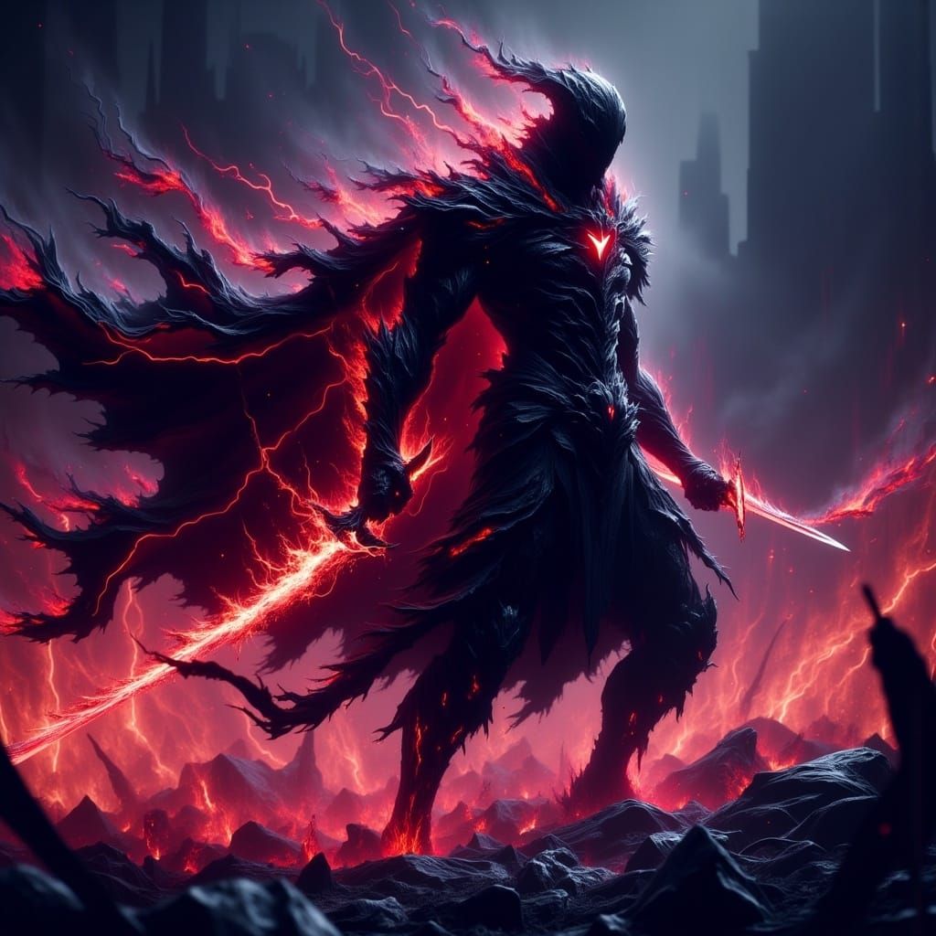 Dark Warrior Embodies Crimson Aura with Twisted Sword