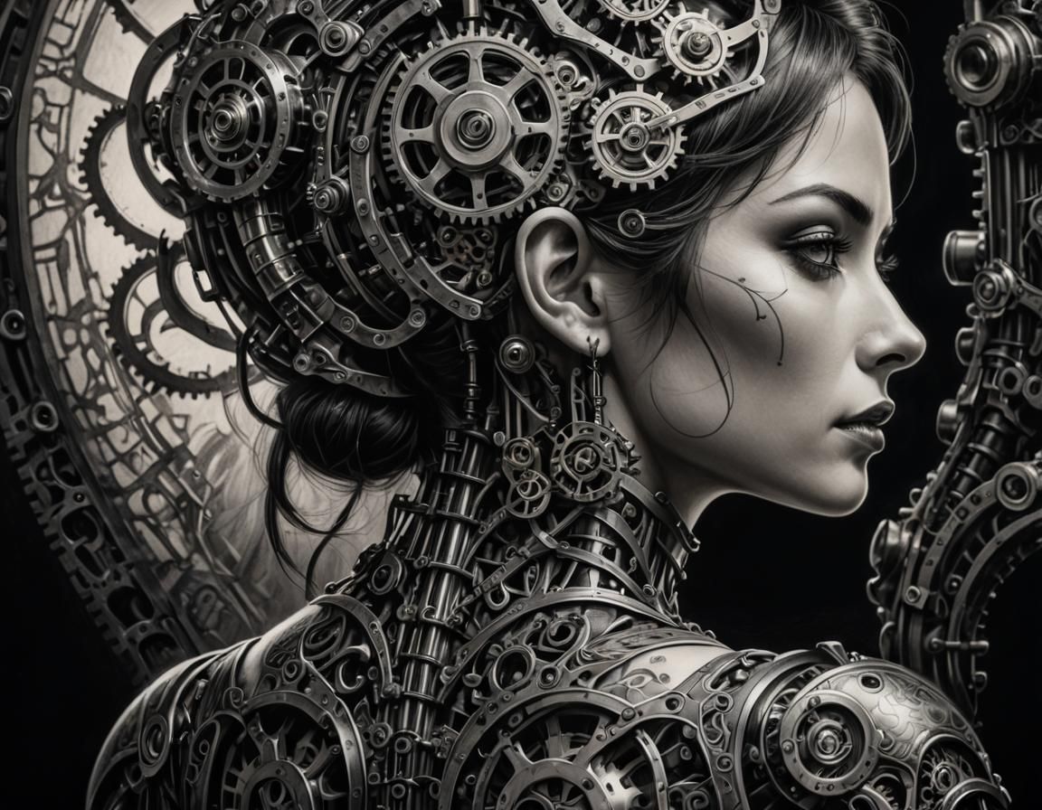 Detailed Charcoal Drawing: Woman with Robotic Spine