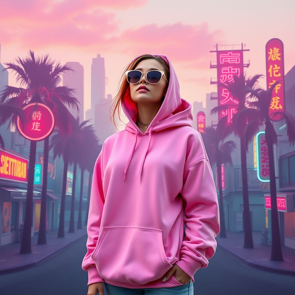 Vaporwave Woman in Futuristic Cityscape