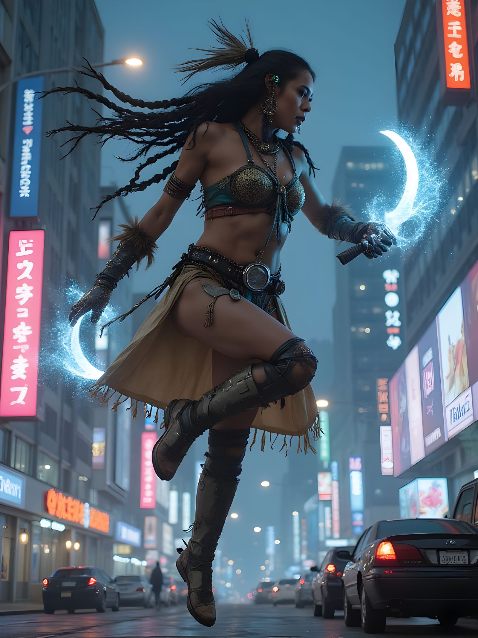 Powerful Iroquois Warrior Leaps Through Futuristic City