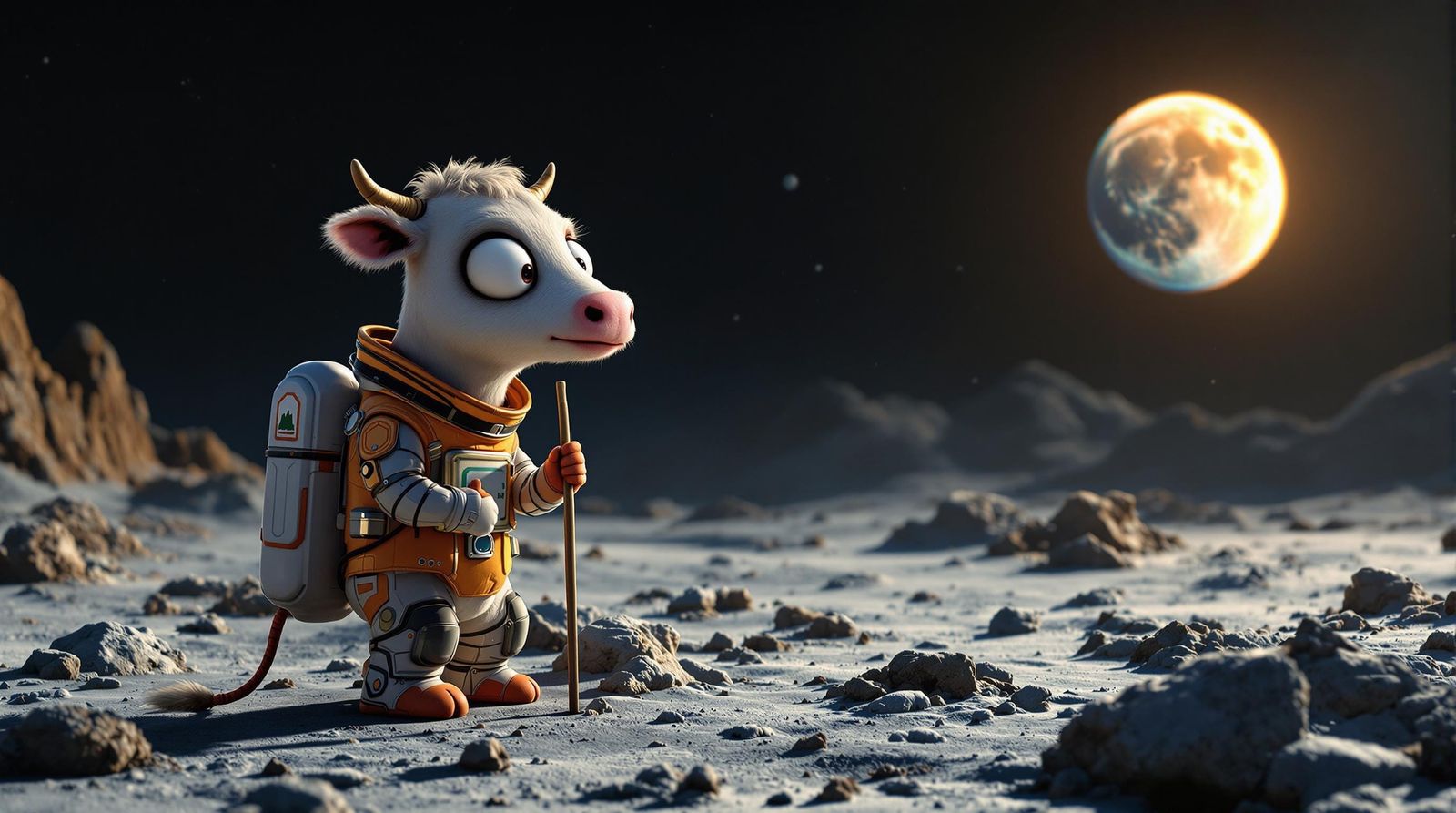 Cow Astronaut Plants Flag on Moon with Milk Bottle Emblem