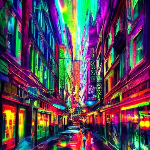 Through avenues of liquid light,
I wander, lost in the vibrant sight.
This neon dream, both strange and bold,
A story wh...