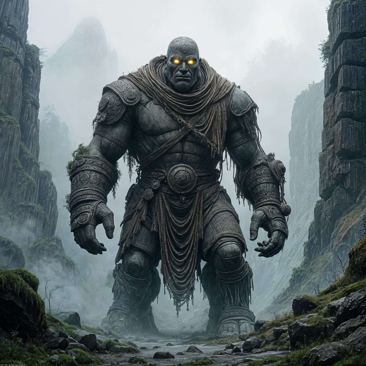 Ancient Stone Golem in Misty Valley, Dark Fantasy Style
