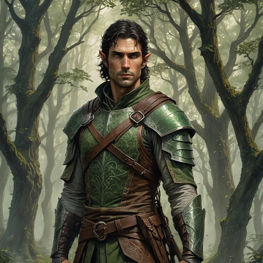 Half-Elf Archer in Misty Forest, Matte Painting
