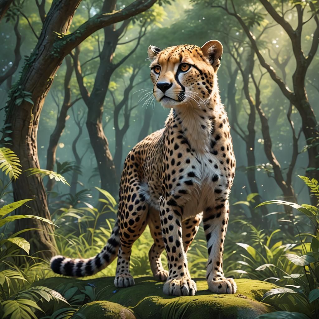 Cute Magical Cheetah in Forest: 3D Anime Art