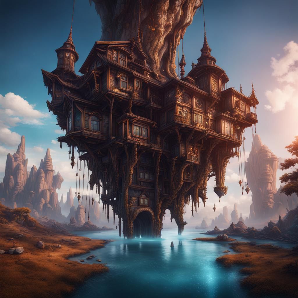Upside Down Home in Detailed Matte Painting Style