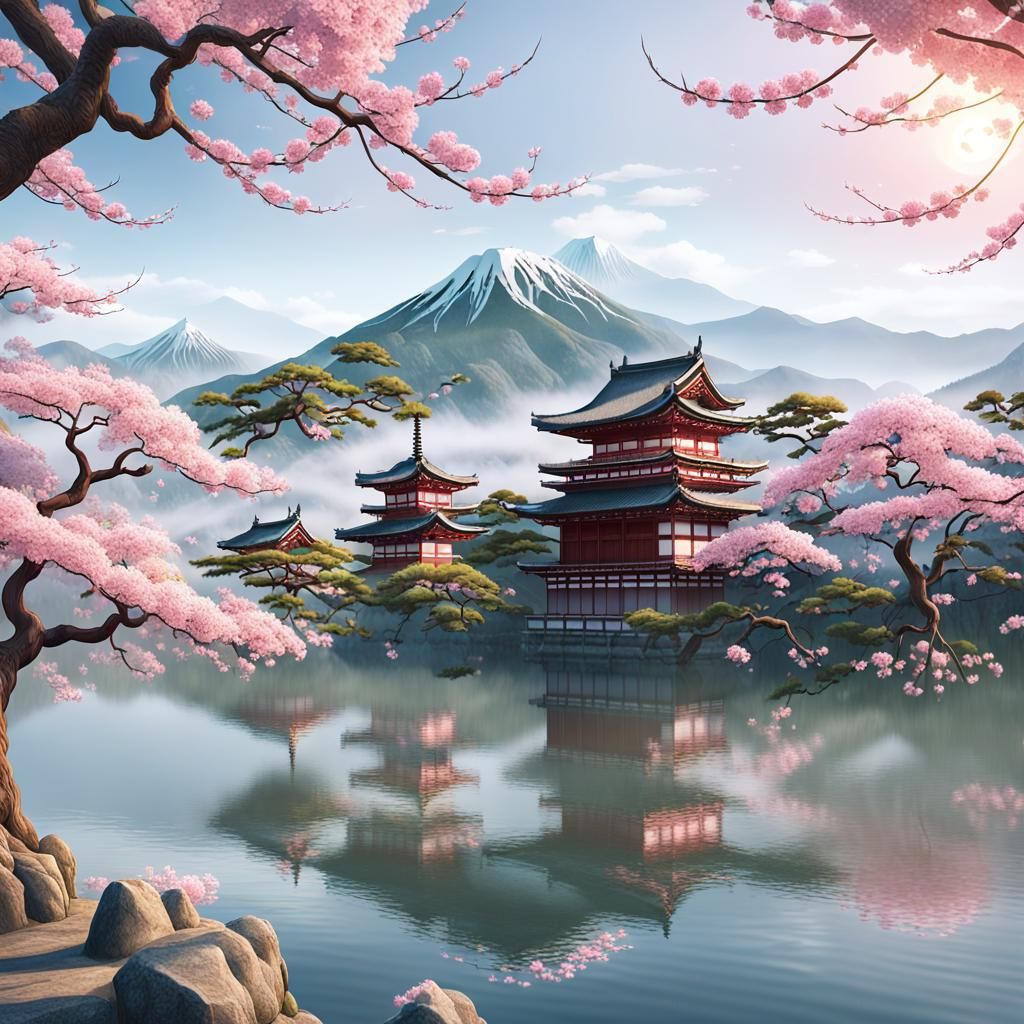 Sakura Tree by Lake: Stunning 3D Anime Landscape