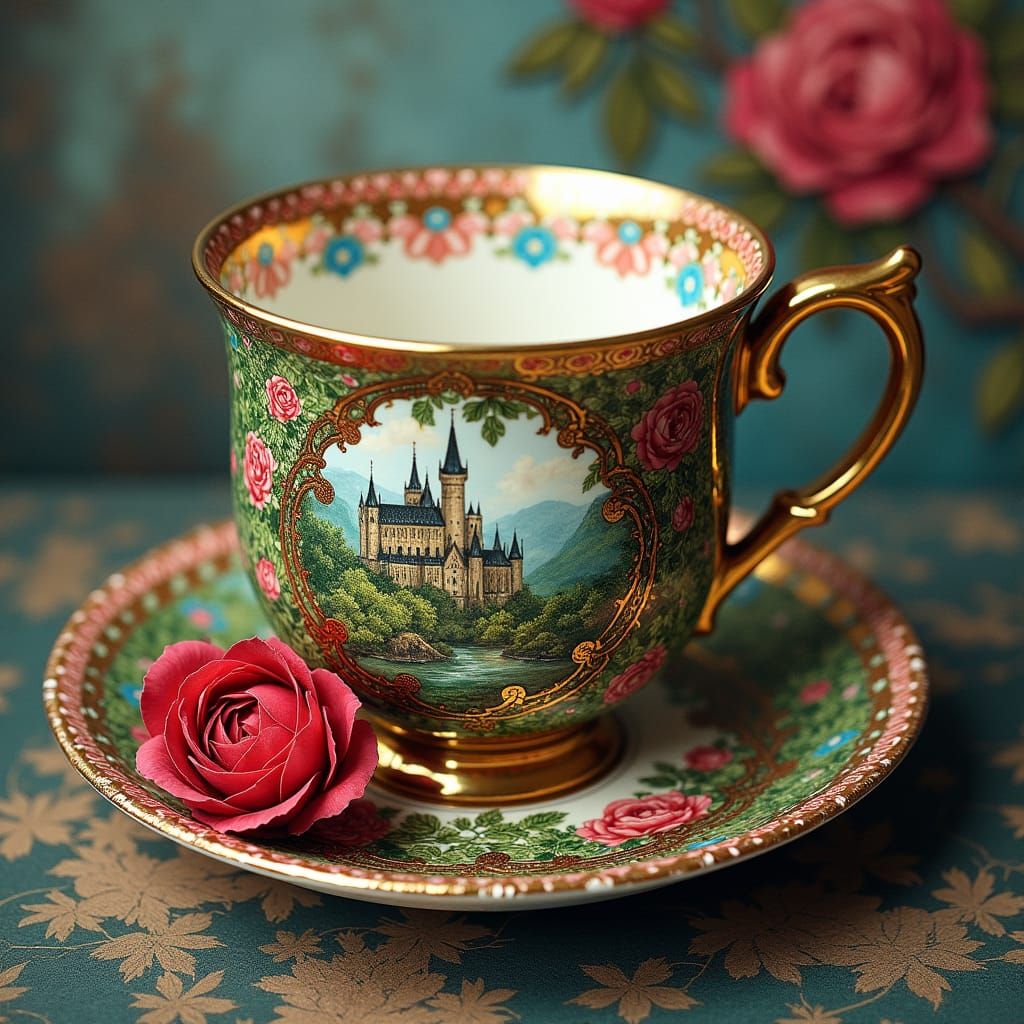 Ornate Goth Teacup with Castle and Roses