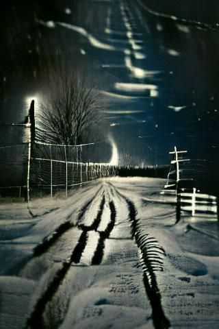 Windswept Snowy Road at Night