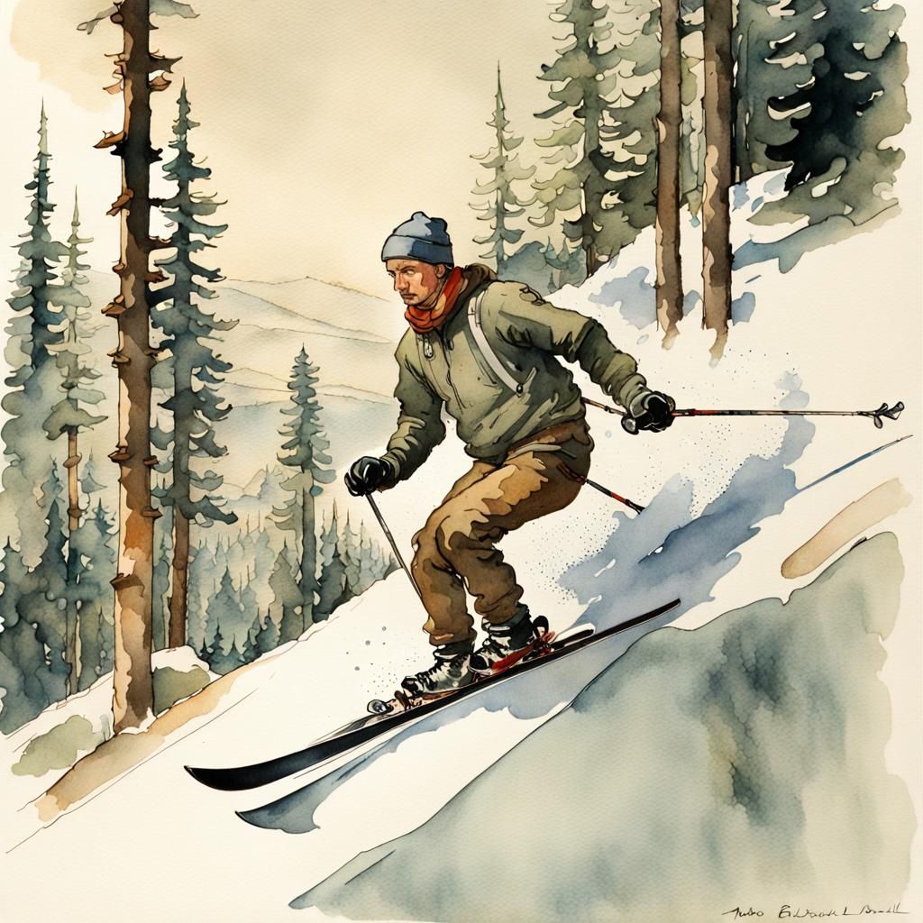 Skier in Boreal Forest, Watercolour Illustration