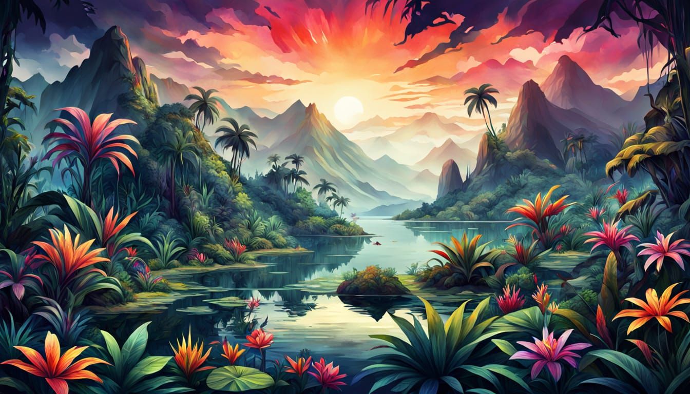Mystical Jungle Landscape in Dark Fantasy Watercolor