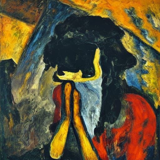 Expressionist Man on Golden Mountains as Oil Painting