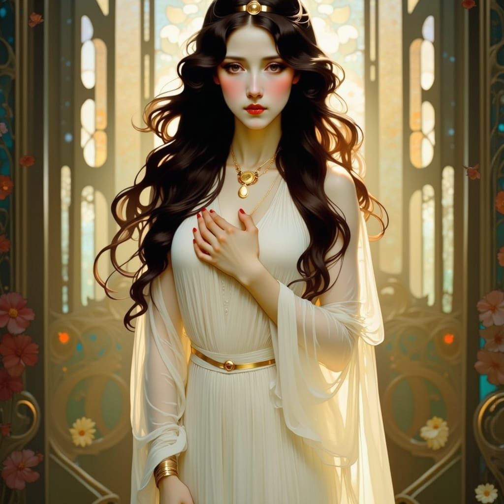 Ethereal Woman in Ivory Dress with Gold Jewelry