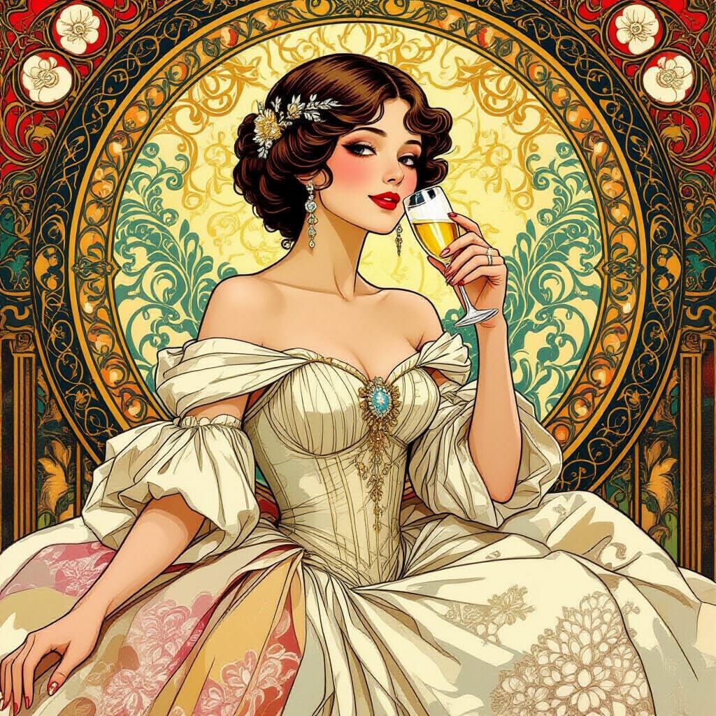 Elegant Woman in Gown, Art Nouveau Style