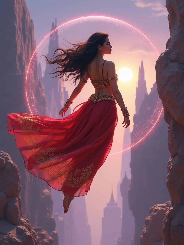 Woman Drifting in Force Field Cityscape, Syd Mead Style