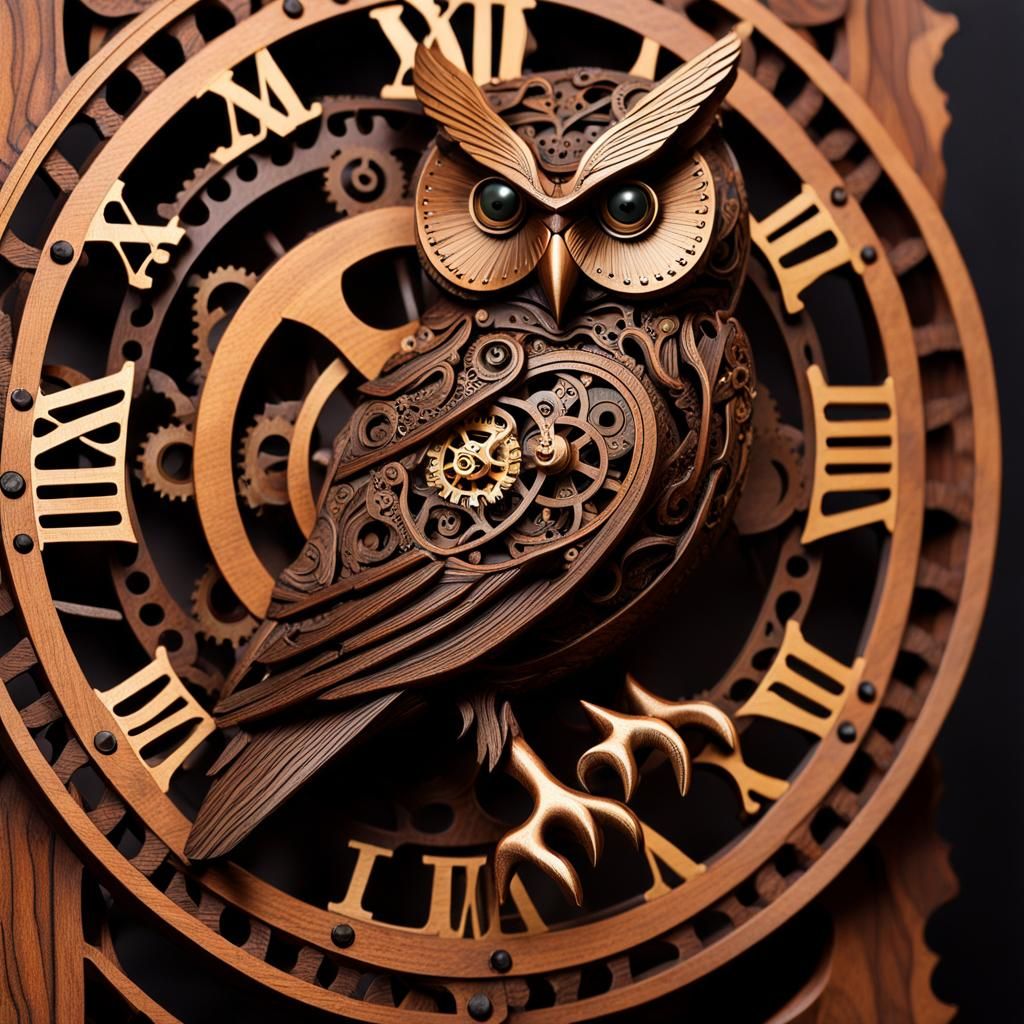 Steampunk Owl Perched on Ornate Clockwork Sculpture