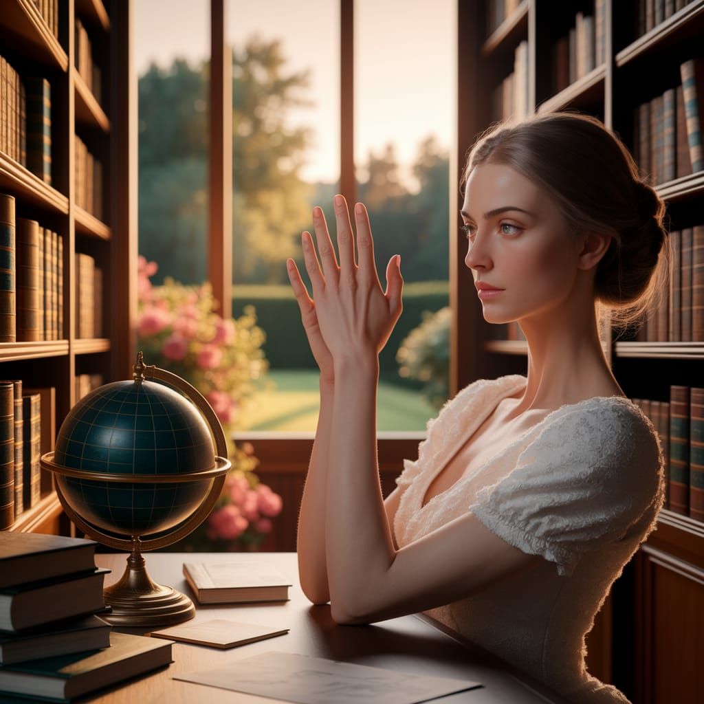 Elegant Woman Poses in Serene, Warmly Lit Study