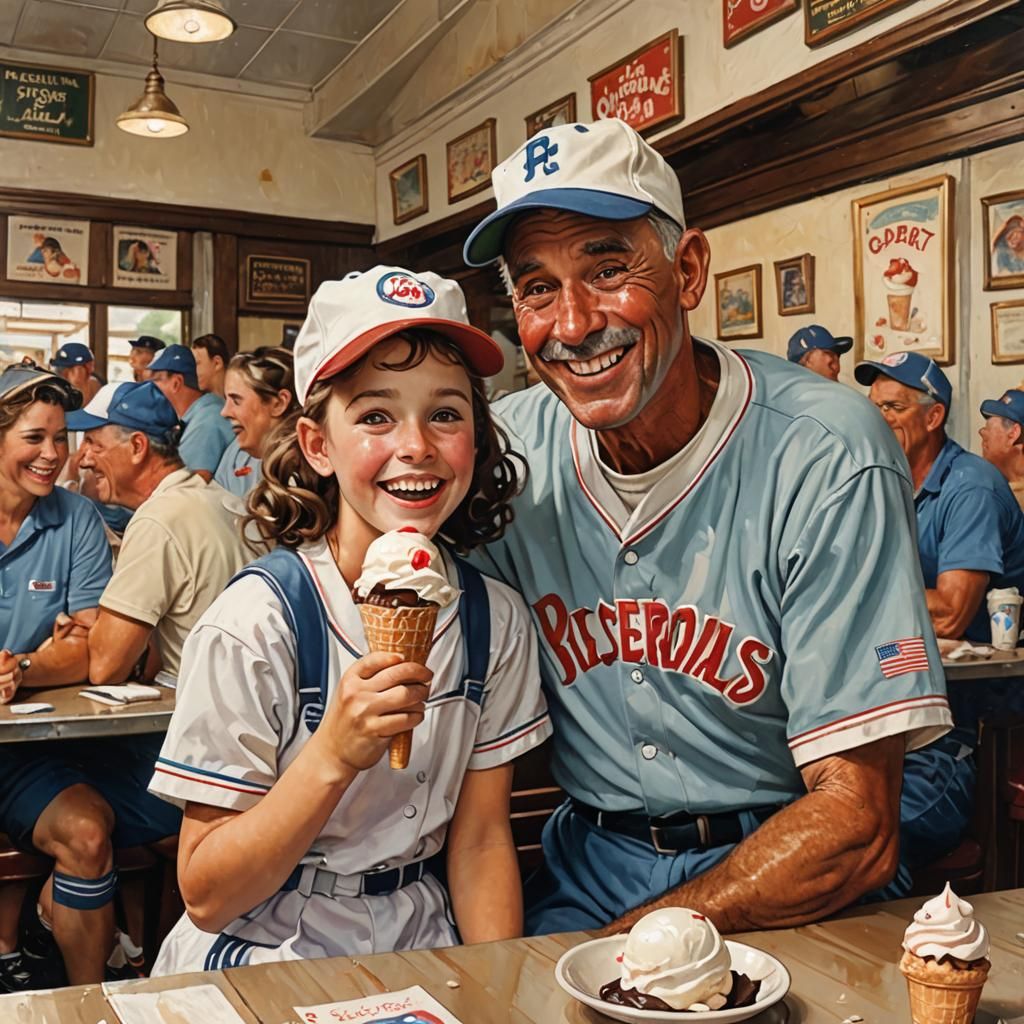 Girl and Dad at Ice Cream Parlor in Rockwell Style