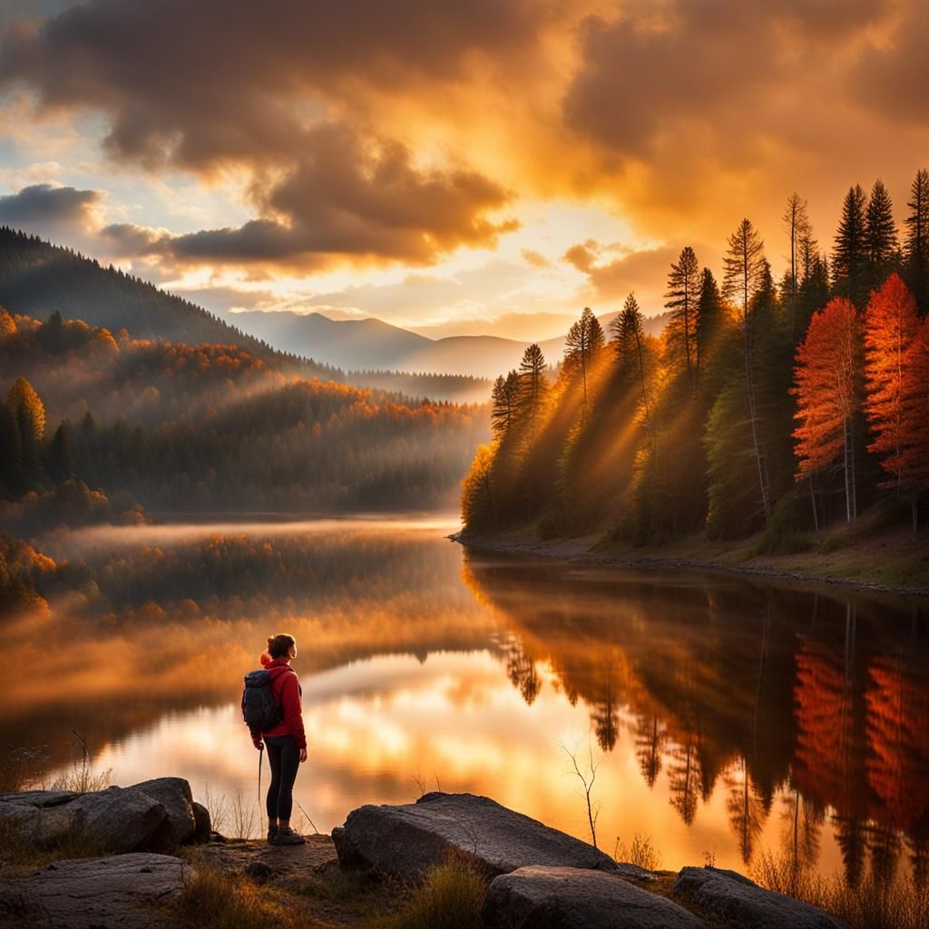 Sunset Hike in Autumn Hills: Canadian Art Style