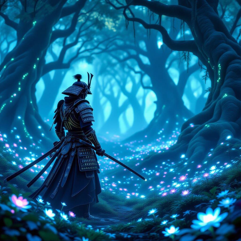 Samurai in Bioluminescent Forest with Organic Tendrils